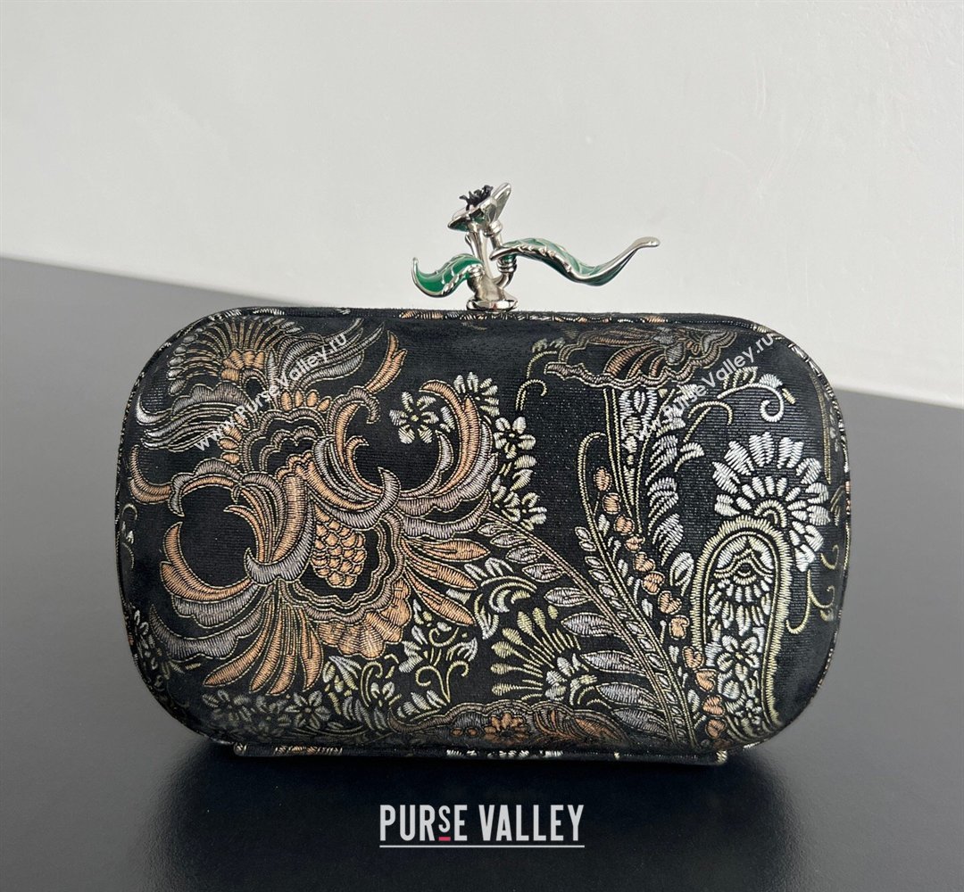 Bottega Veneta Knot Clutch with Flower Clasp in Jacquard Velvet Gold/Silver/Black 2026 BV040165 (WT-260401013)