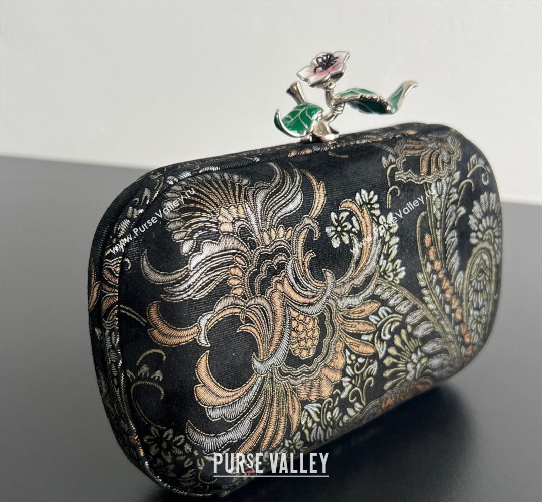 Bottega Veneta Knot Clutch with Flower Clasp in Jacquard Velvet Gold/Silver/Black 2026 BV040165 (WT-260401013)