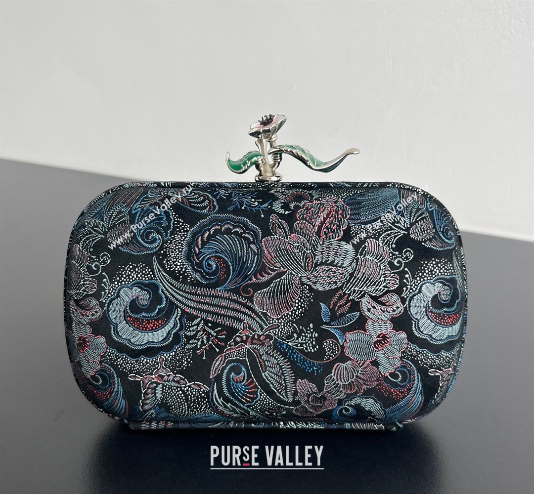 Bottega Veneta Knot Clutch with Flower Clasp in Jacquard Velvet Blue/RedBlack 2026 BV040162 (WT-260401015)