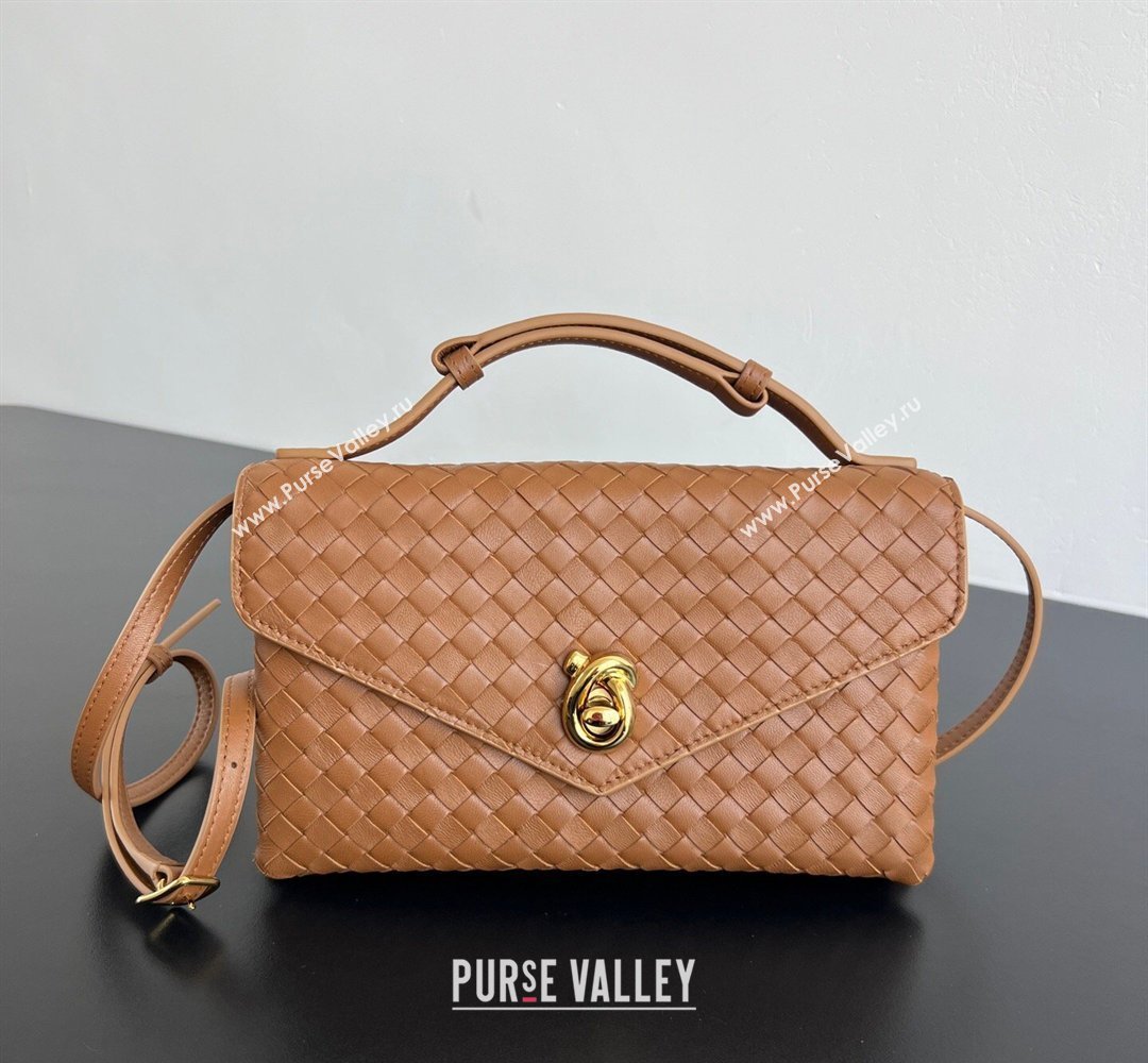 Bottega Veneta Knot Lock Cross-body Bag in Intrecciato Leather Amber Brown 2026 817191 (WT-260401027)