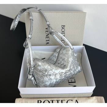 Bottega Veneta Small Loop Cross-Body Bag in Intrecciato Lamina Satin Leather Silver 2026 796615 (WT-260401041)
