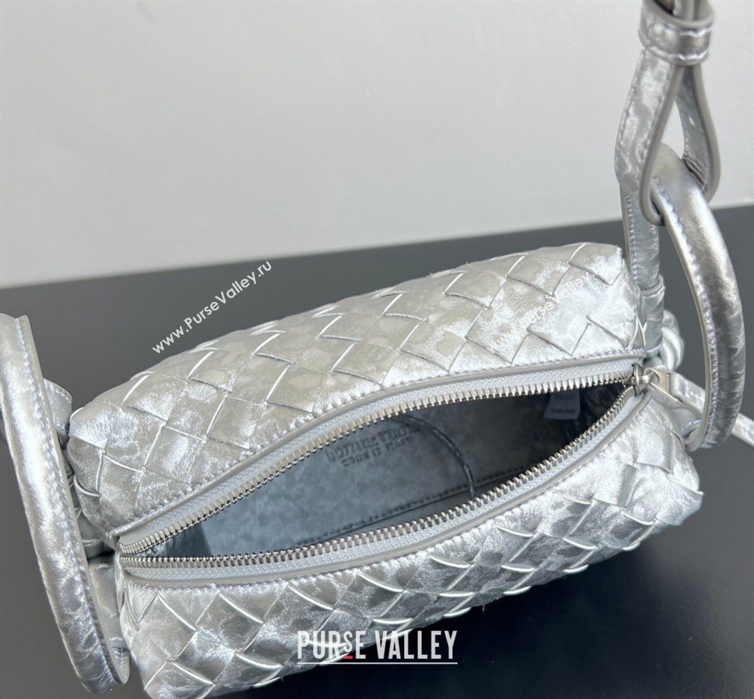 Bottega Veneta Small Loop Cross-Body Bag in Intrecciato Lamina Satin Leather Silver 2026 796615 (WT-260401041)