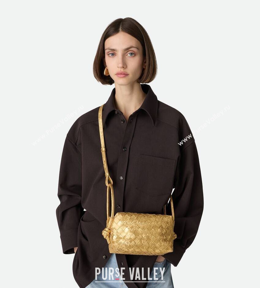 Bottega Veneta Small Loop Cross-Body Bag in Intrecciato Lamina Satin Leather Silver 2026 796615 (WT-260401041)