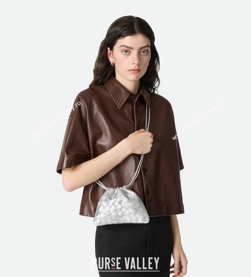 Bottega Veneta Small Dustbag in Intrecciato Lamina Satin Leather Silver 2026 816987 (WT-260401043)