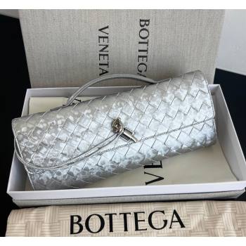 Bottega Veneta Long Clutch Bag Andiamo in Intrecciato Lamina Satin Leather Silver 2026 741511 (WT-260401047)