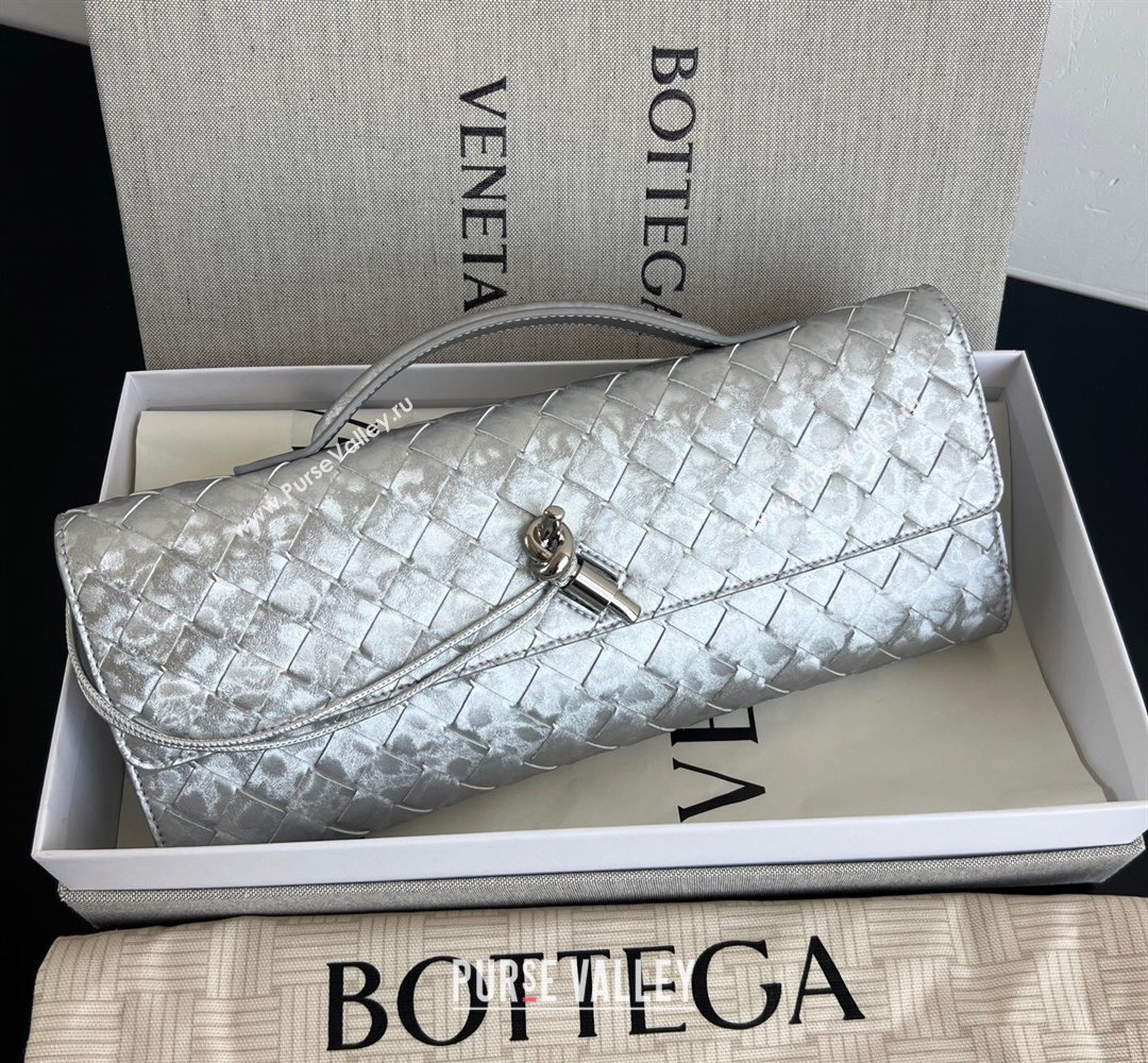 Bottega Veneta Long Clutch Bag Andiamo in Intrecciato Lamina Satin Leather Silver 2026 741511 (WT-260401047)