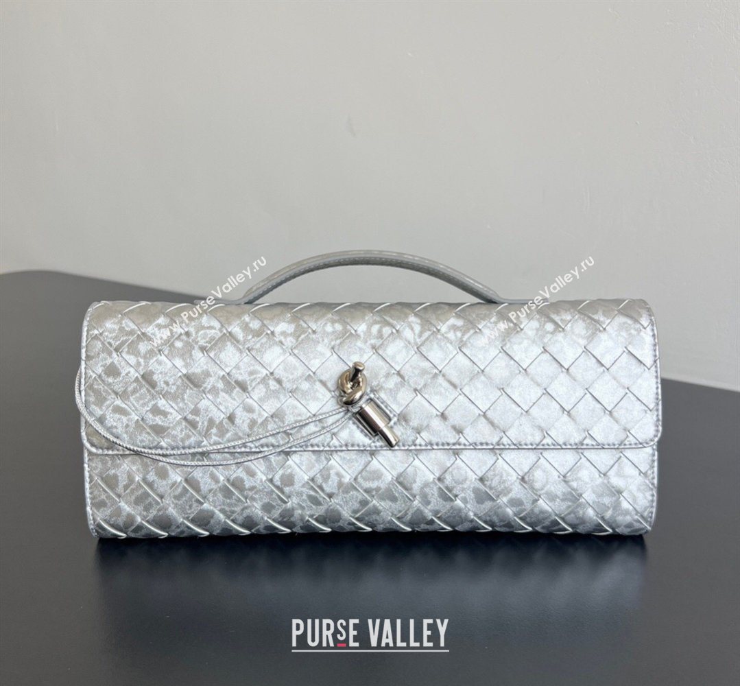 Bottega Veneta Long Clutch Bag Andiamo in Intrecciato Lamina Satin Leather Silver 2026 741511 (WT-260401047)