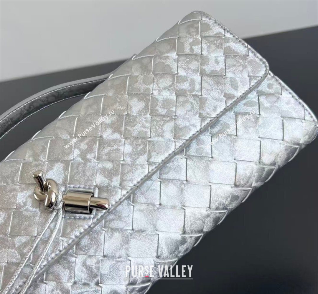 Bottega Veneta Long Clutch Bag Andiamo in Intrecciato Lamina Satin Leather Silver 2026 741511 (WT-260401047)