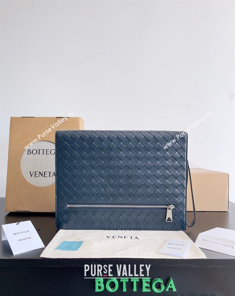 Bottega Veneta Mens Intrecciato Leather Document Case With Wristlet Blue 2026 732638 (YX-260402089)