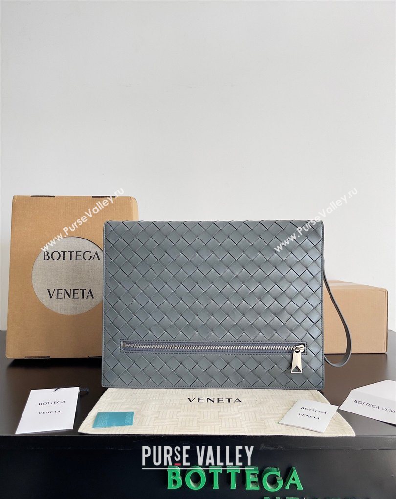 Bottega Veneta Mens Intrecciato Leather Document Case With Wristlet Grey 2026 732638 (YX-260402090)