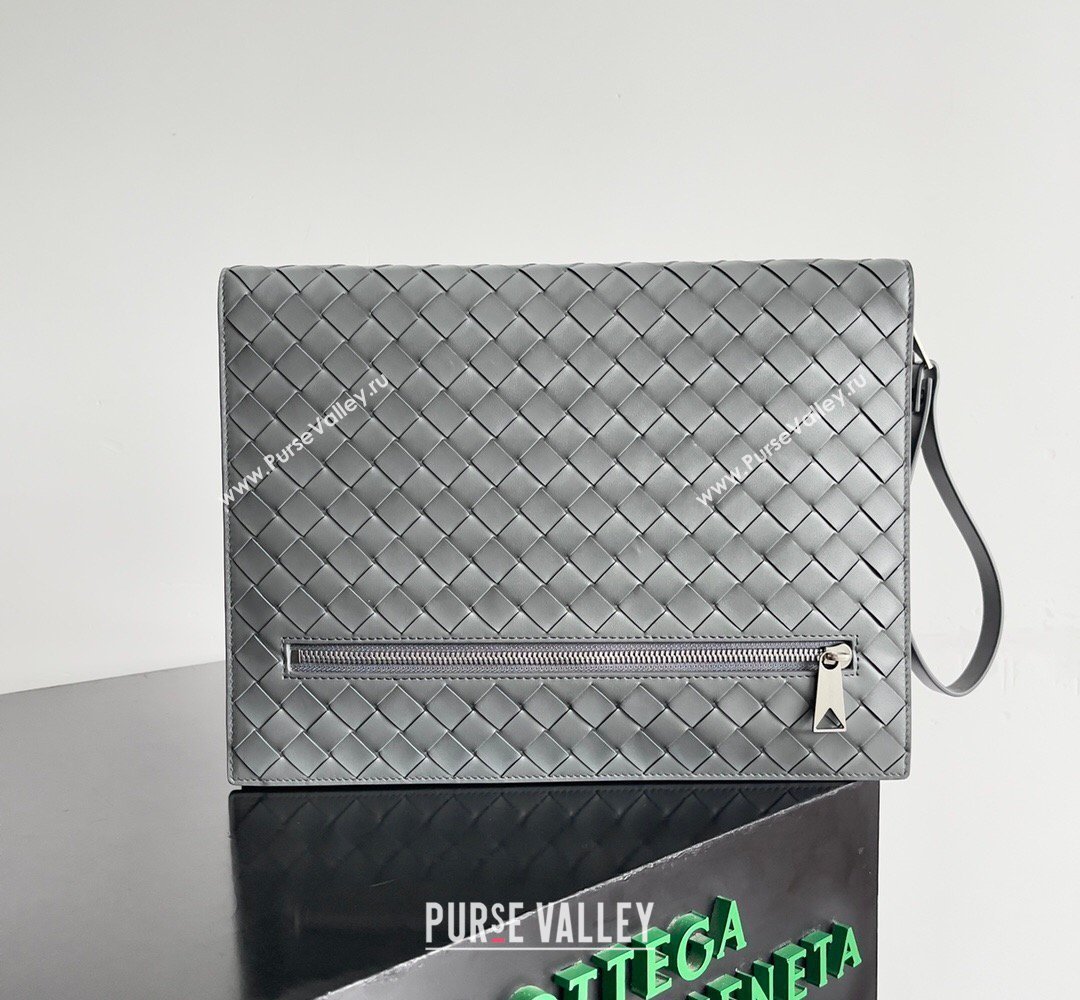 Bottega Veneta Mens Intrecciato Leather Document Case With Wristlet Grey 2026 732638 (YX-260402090)
