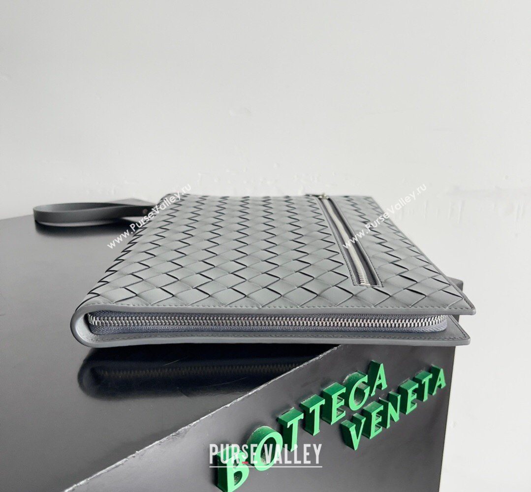 Bottega Veneta Mens Intrecciato Leather Document Case With Wristlet Grey 2026 732638 (YX-260402090)
