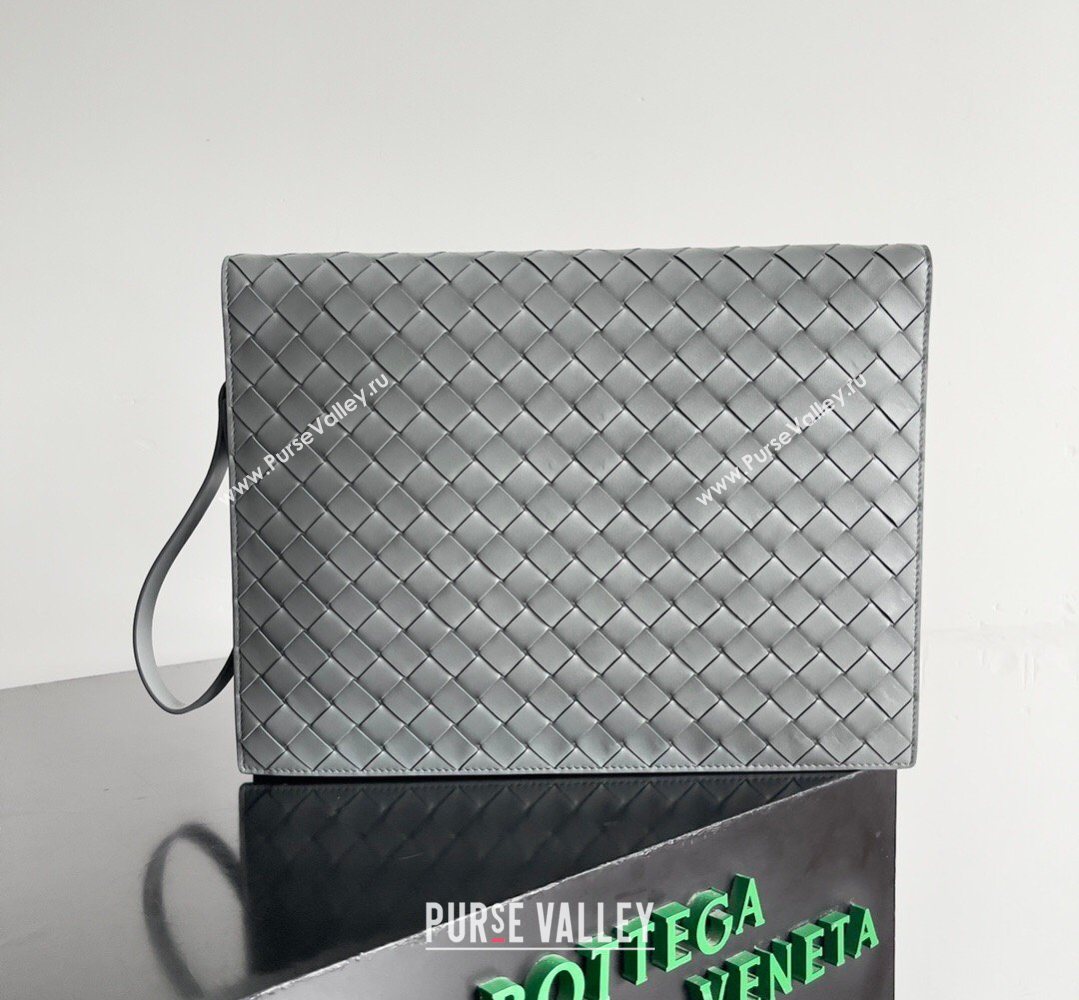 Bottega Veneta Mens Intrecciato Leather Document Case With Wristlet Grey 2026 732638 (YX-260402090)