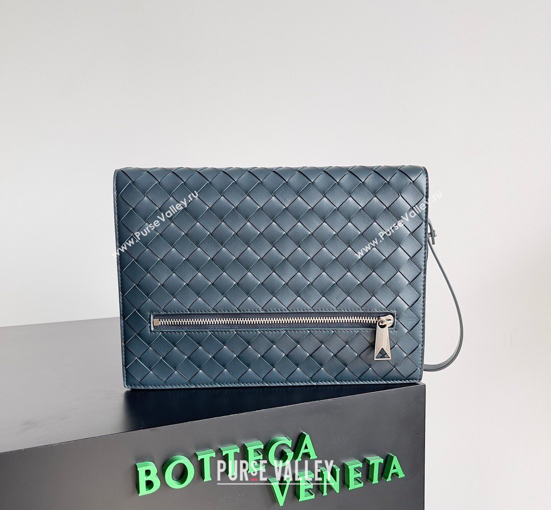 Bottega Veneta Mens Small Intrecciato Leather Document Case With Wristlet Blue 2026 693675 (YX-260402095)