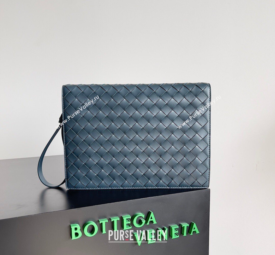Bottega Veneta Mens Small Intrecciato Leather Document Case With Wristlet Blue 2026 693675 (YX-260402095)