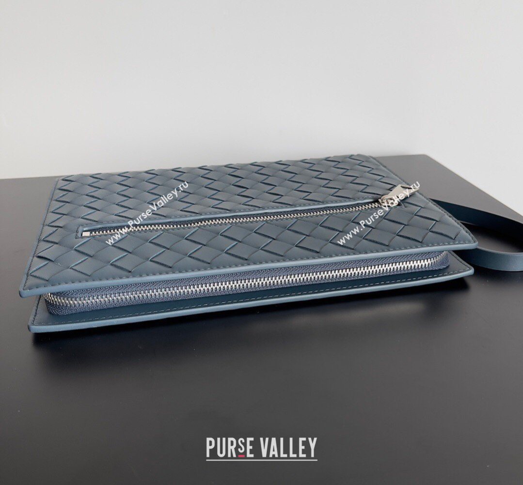Bottega Veneta Mens Small Intrecciato Leather Document Case With Wristlet Blue 2026 693675 (YX-260402095)