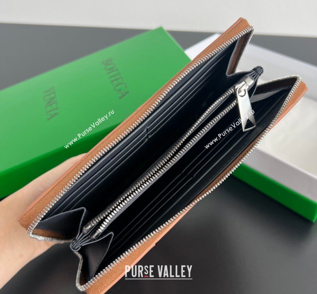 Bottega Veneta Mens Cassette Zip Around Wallet in Intreccio Leather 814649 Cognac Brown 2026 (YX-260402068)