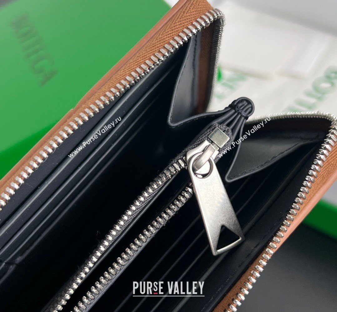 Bottega Veneta Mens Cassette Zip Around Wallet in Intreccio Leather 814649 Cognac Brown 2026 (YX-260402068)