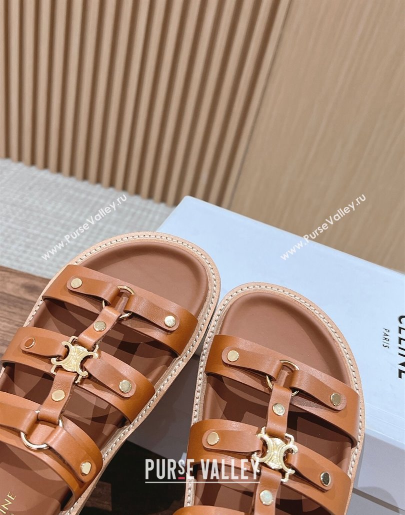 Celine Tippi Flat Slide Sandals in Calfskin Leather Tan Brown 2024 (SS-240322032)