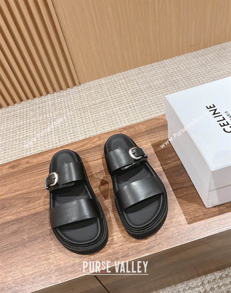 Celine Buckle Flat Slide Sandals in Calfskin Leather Black 2024 0322 (SS-240322038)