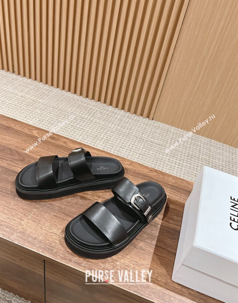 Celine Buckle Flat Slide Sandals in Calfskin Leather Black 2024 0322 (SS-240322038)