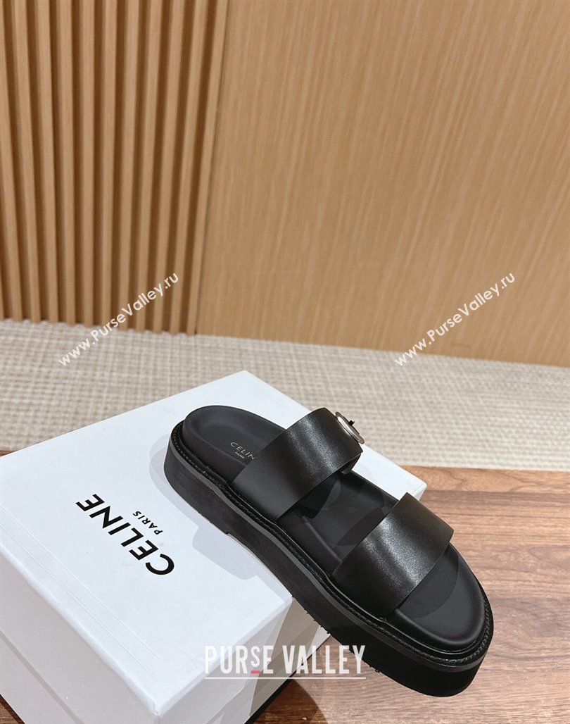 Celine Buckle Flat Slide Sandals in Calfskin Leather Black 2024 0322 (SS-240322038)