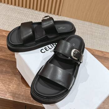 Celine Buckle Flat Slide Sandals in Calfskin Leather Black 2024 0322 (SS-240322038)