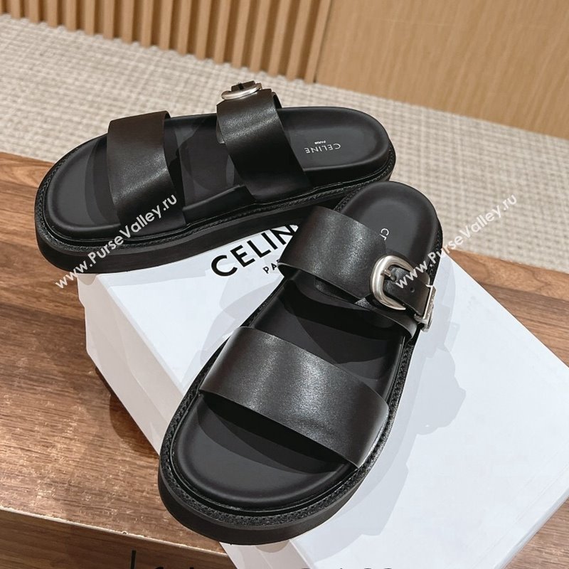 Celine Buckle Flat Slide Sandals in Calfskin Leather Black 2024 0322 (SS-240322038)