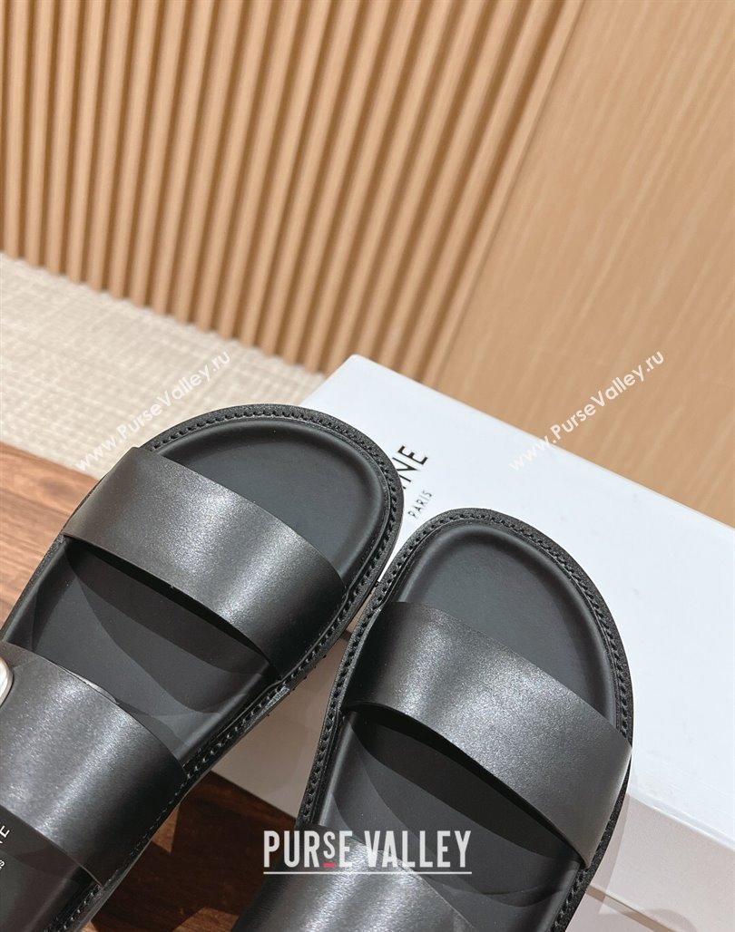 Celine Buckle Flat Slide Sandals in Calfskin Leather Black 2024 0322 (SS-240322038)