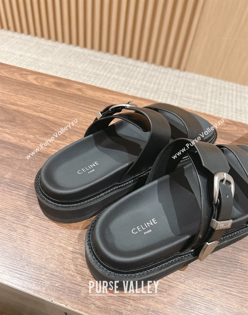 Celine Buckle Flat Slide Sandals in Calfskin Leather Black 2024 0322 (SS-240322038)