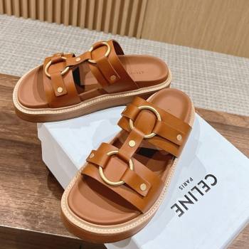 Celine Tippi Buckle Flat Slide Sandals in Calfskin Tan Brown 2024 0322 (SS-240322042)