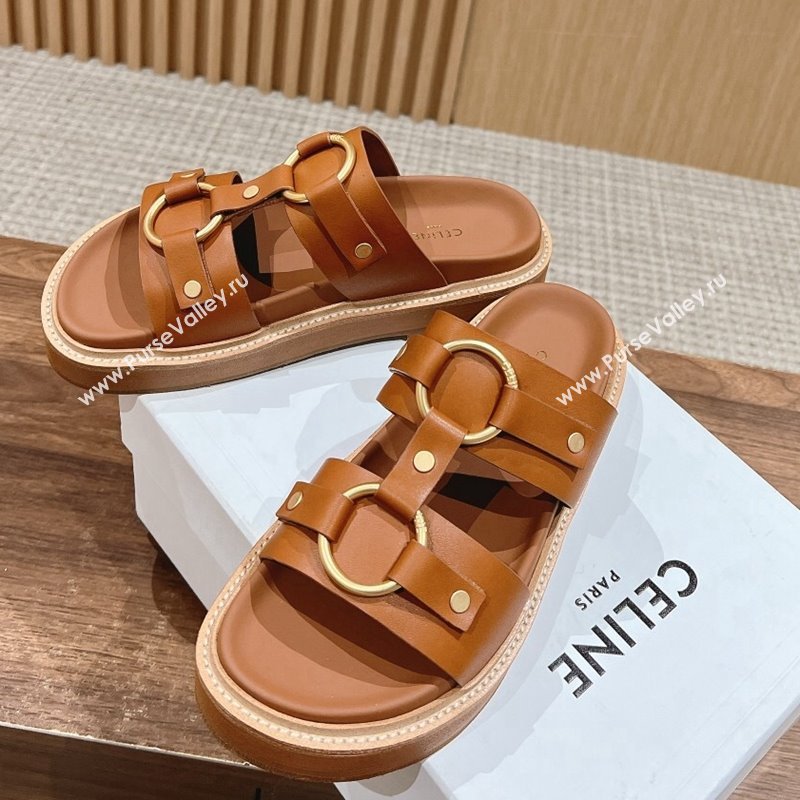 Celine Tippi Buckle Flat Slide Sandals in Calfskin Tan Brown 2024 0322 (SS-240322042)