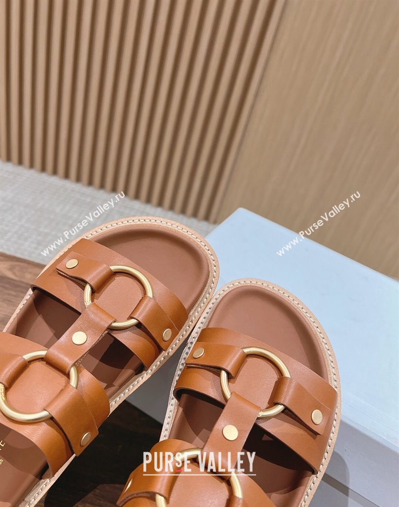 Celine Tippi Buckle Flat Slide Sandals in Calfskin Tan Brown 2024 0322 (SS-240322042)