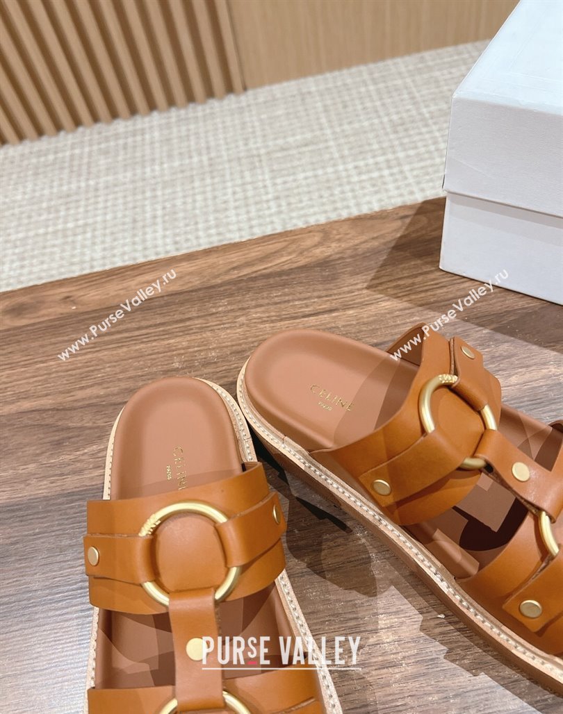 Celine Tippi Buckle Flat Slide Sandals in Calfskin Tan Brown 2024 0322 (SS-240322042)