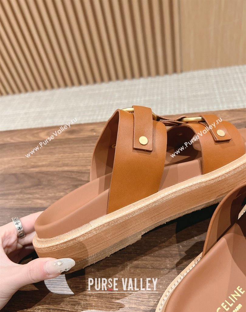 Celine Tippi Buckle Flat Slide Sandals in Calfskin Tan Brown 2024 0322 (SS-240322042)