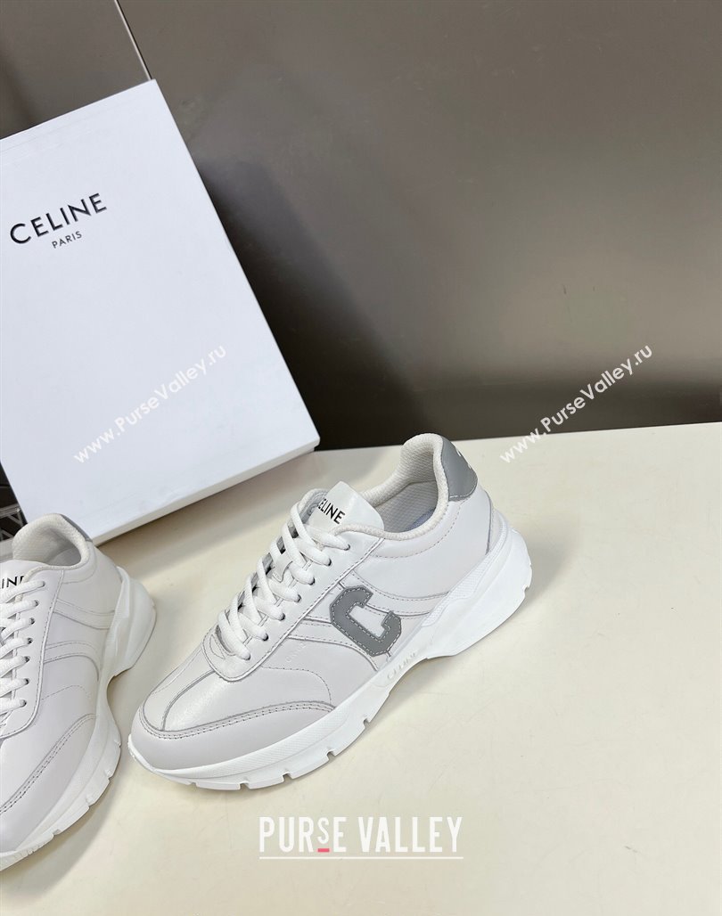 Celine Runner CR-02 Low Lace-up Sneakers in White Calfskin with Letter C Grey 2024 (MD-240322022)