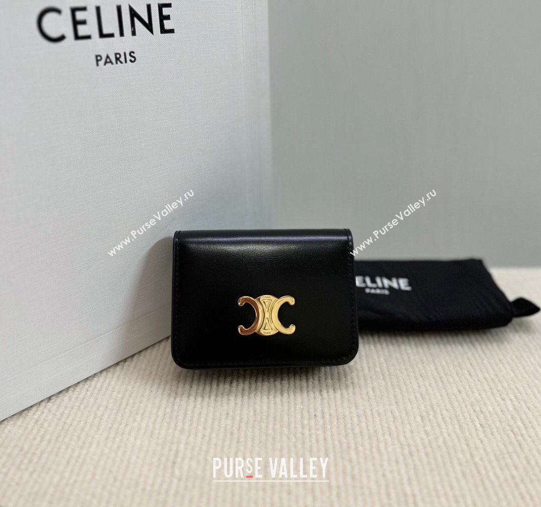 Celine Triomphe Compact Wallet in Shiny Calfskin Black 2024 10K623 (BL-240522061)