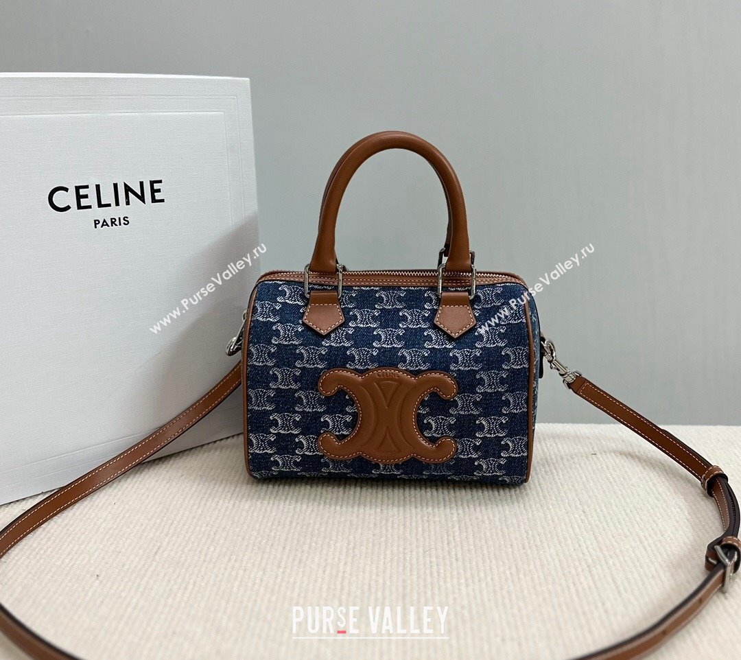 Celine Small Boston Bag in Blue Triomphe Denim and Calfskin 2024 113772 (BL-240522078)