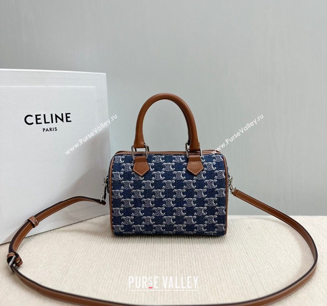 Celine Small Boston Bag in Blue Triomphe Denim and Calfskin 2024 113772 (BL-240522078)