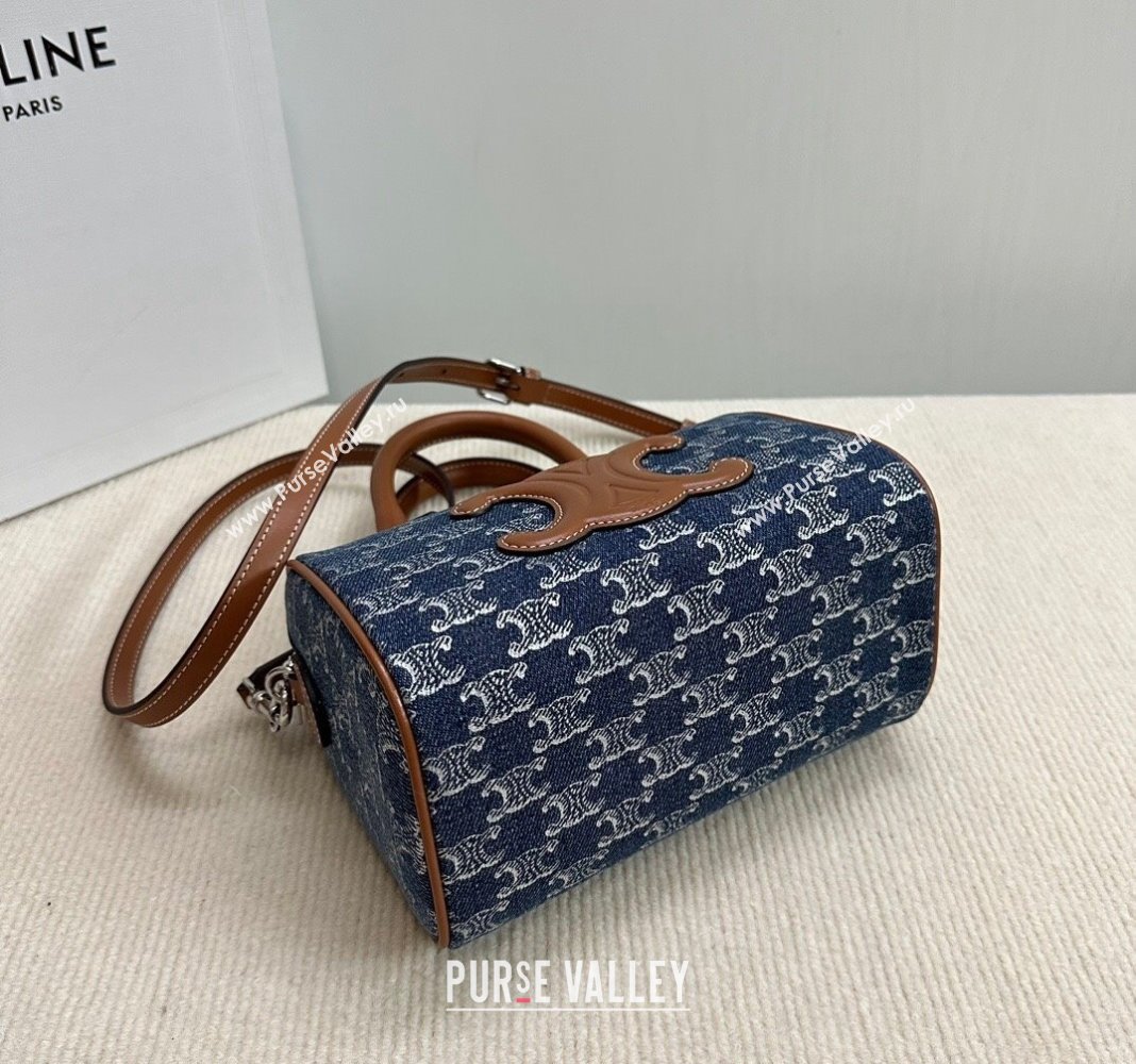 Celine Small Boston Bag in Blue Triomphe Denim and Calfskin 2024 113772 (BL-240522078)