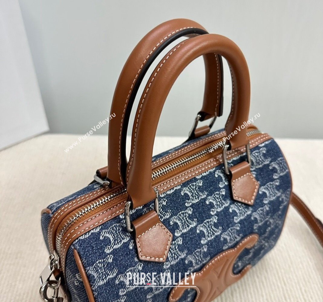 Celine Small Boston Bag in Blue Triomphe Denim and Calfskin 2024 113772 (BL-240522078)