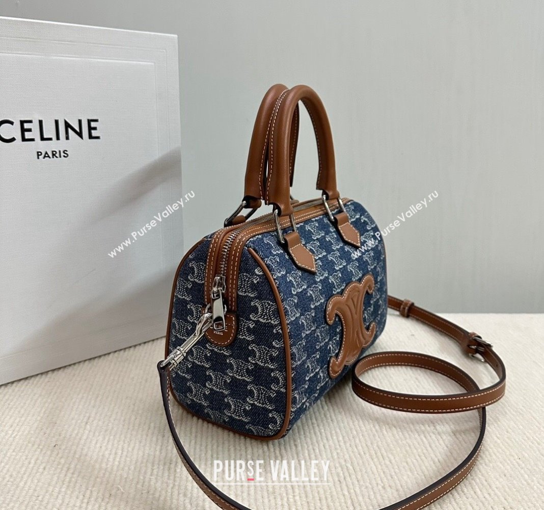 Celine Small Boston Bag in Blue Triomphe Denim and Calfskin 2024 113772 (BL-240522078)