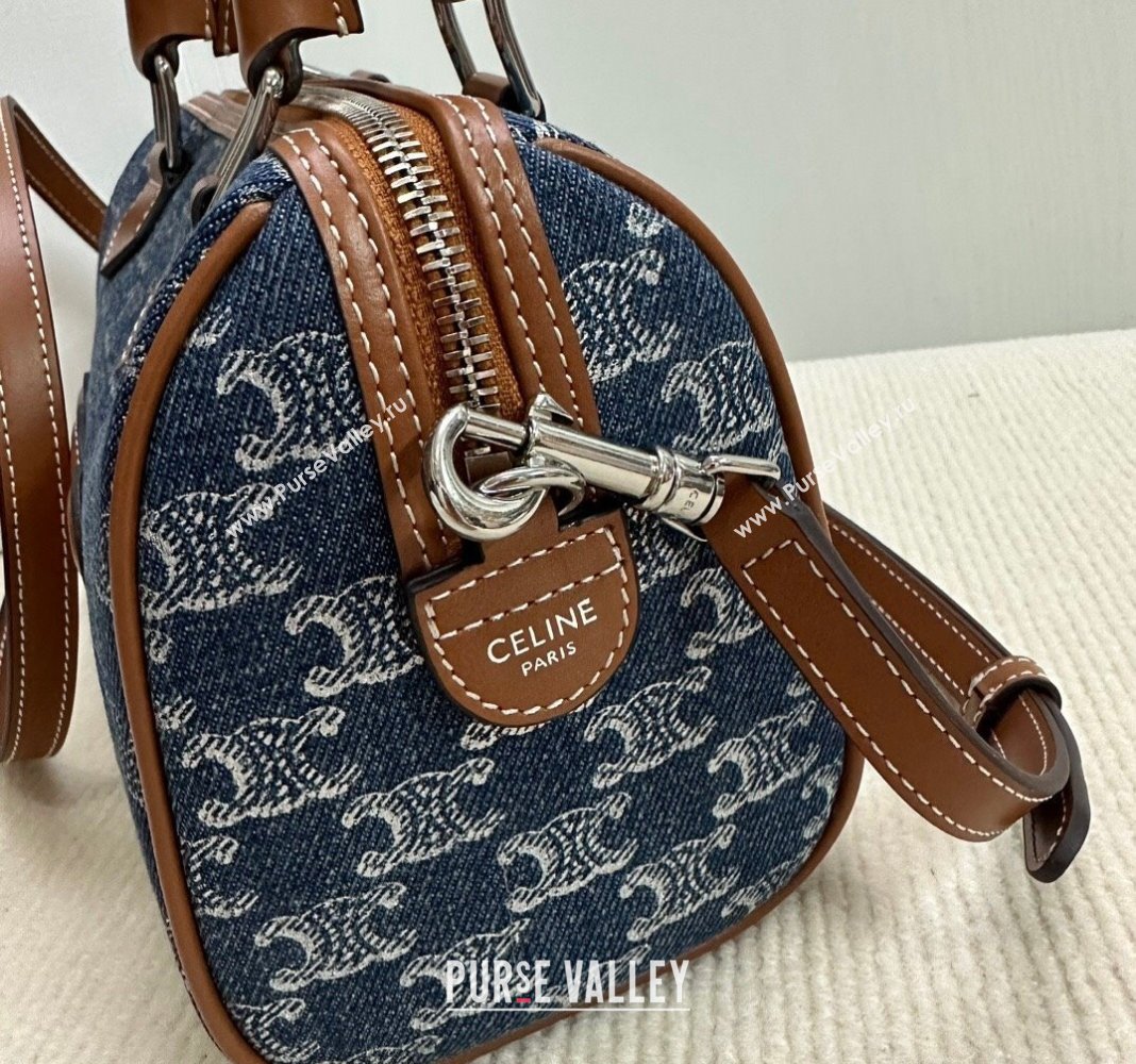 Celine Small Boston Bag in Blue Triomphe Denim and Calfskin 2024 113772 (BL-240522078)