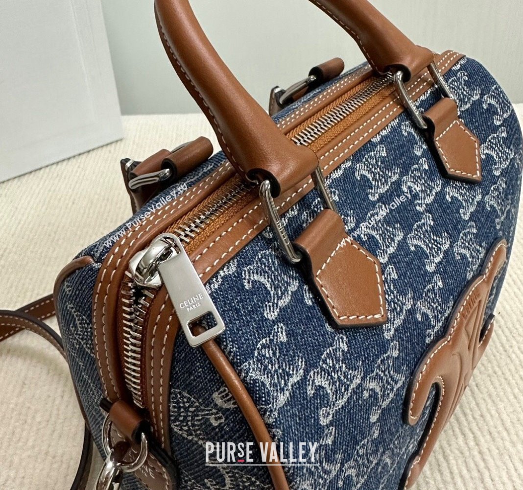 Celine Small Boston Bag in Blue Triomphe Denim and Calfskin 2024 113772 (BL-240522078)