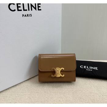 Celine Triomphe Compact Wallet with Coin in Shiny Calfskin Brown 2024 10I653 (BL-240522067)