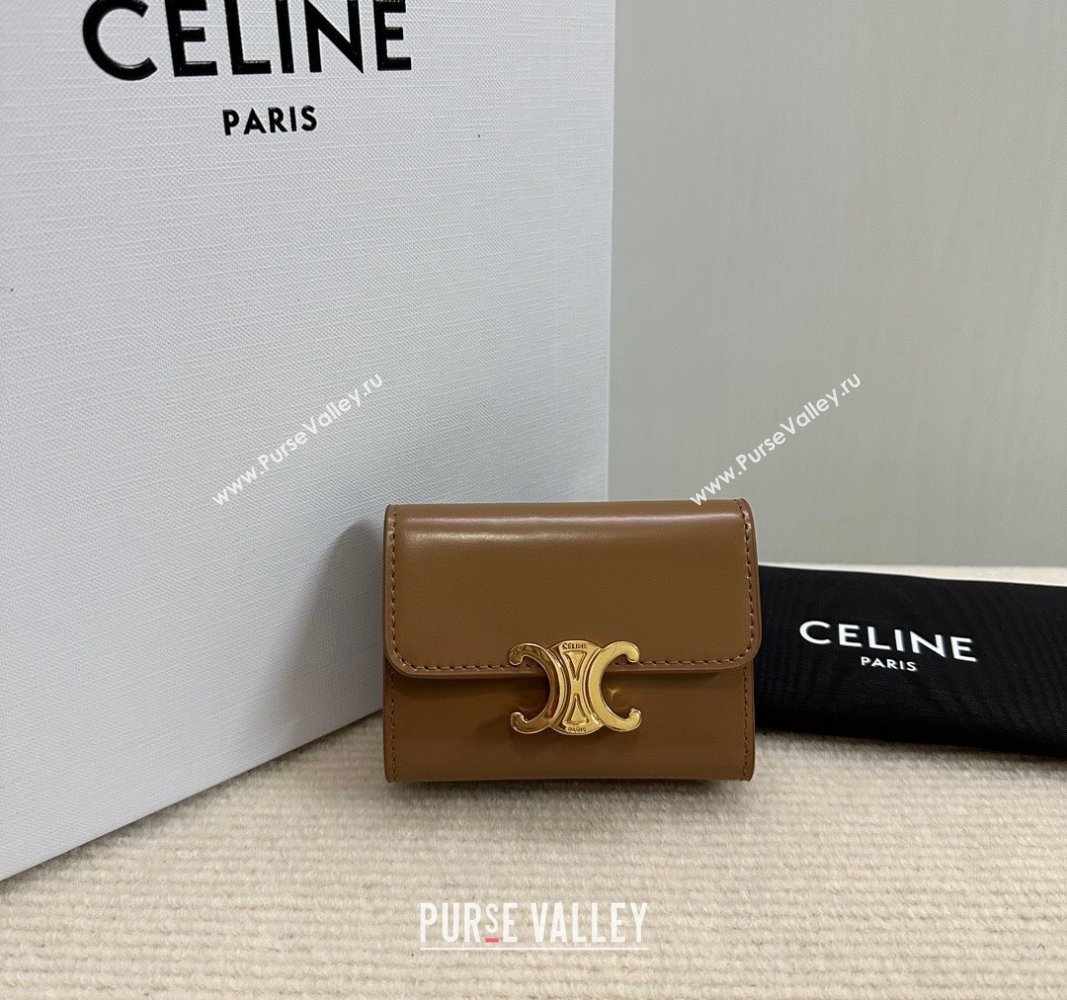 Celine Triomphe Compact Wallet with Coin in Shiny Calfskin Brown 2024 10I653 (BL-240522067)