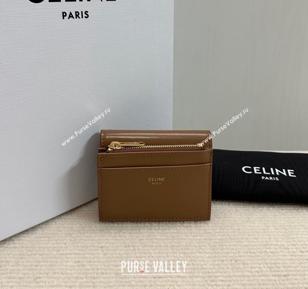 Celine Triomphe Compact Wallet with Coin in Shiny Calfskin Brown 2024 10I653 (BL-240522067)