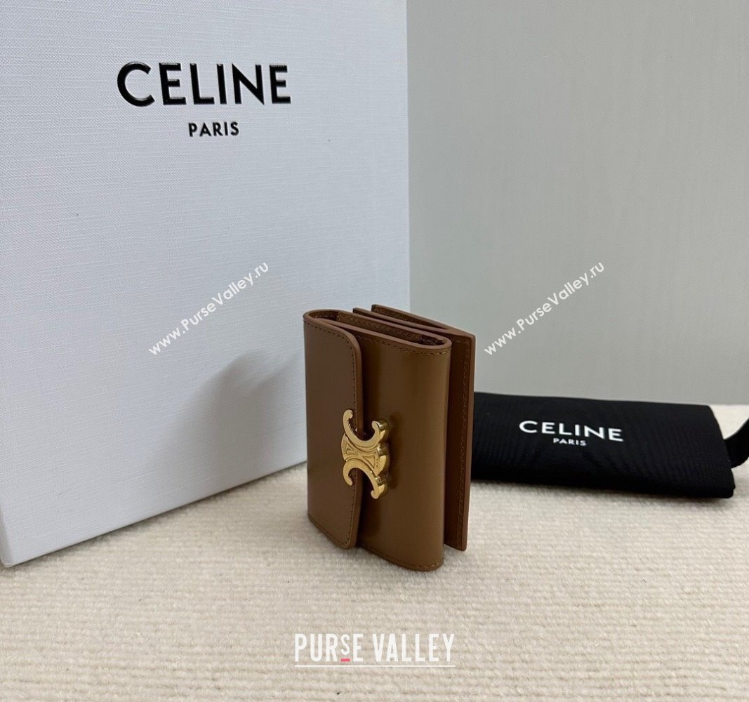 Celine Triomphe Compact Wallet with Coin in Shiny Calfskin Brown 2024 10I653 (BL-240522067)