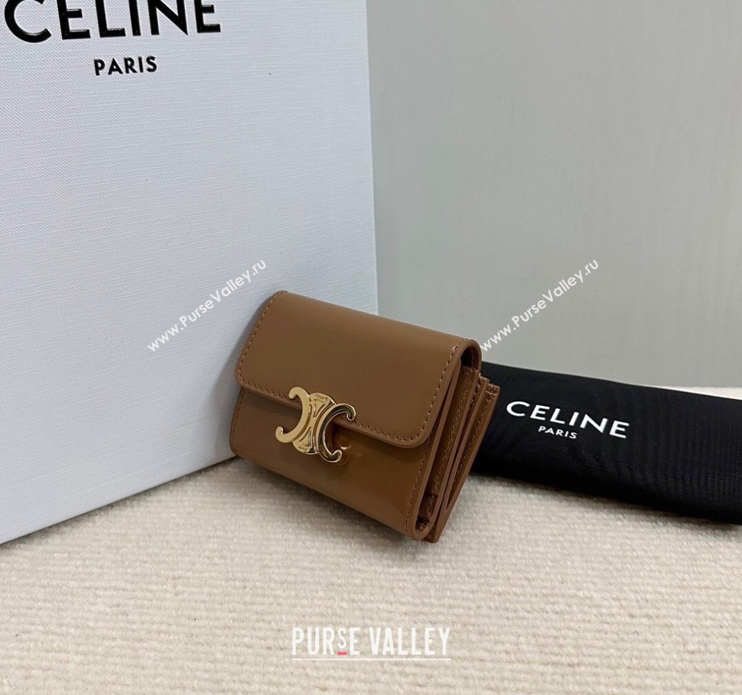 Celine Triomphe Compact Wallet with Coin in Shiny Calfskin Brown 2024 10I653 (BL-240522067)