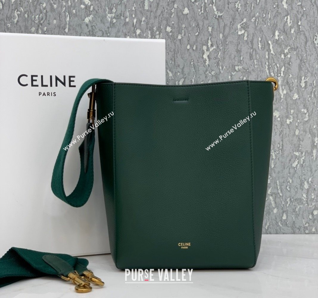 Celine Seau Sangle Small Bucket Bag in Supple Grained Calfskin Green 2024 (BL-240522089)